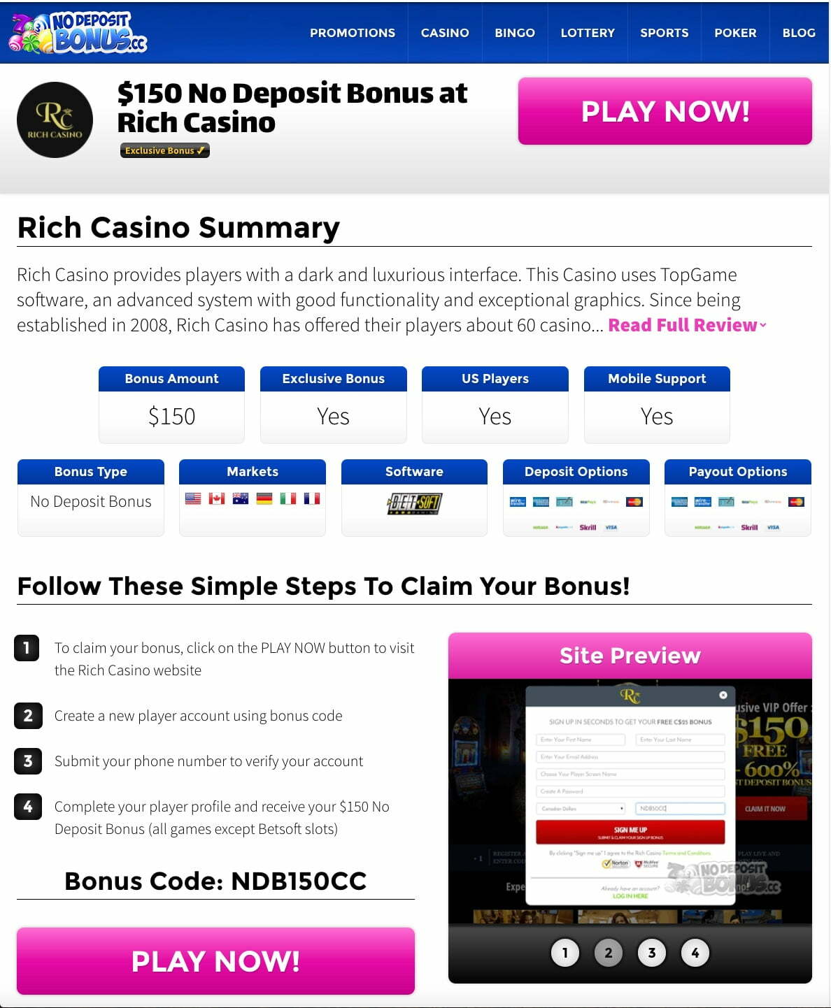Rich Casino's 150 No Deposit Bonus Review No Deposit Bonus